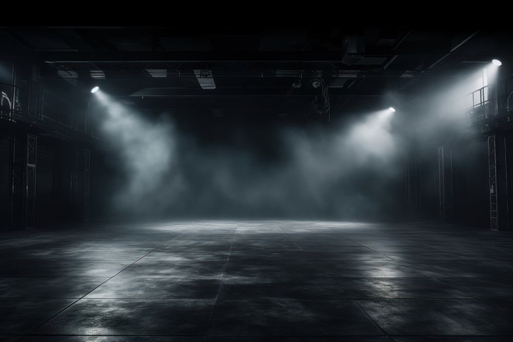 Spotlights The asphalt floor and studio room with smoke float up night stage architecture.