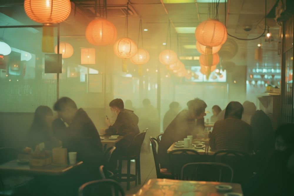 Chinese restaurant in busy time nightlife light adult.