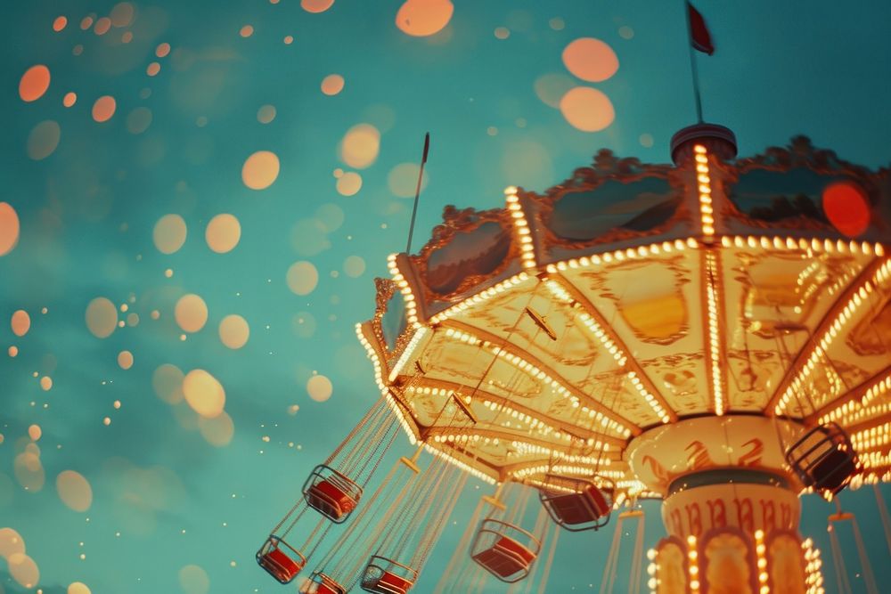 A plaayground carousel merry-go-round illuminated.