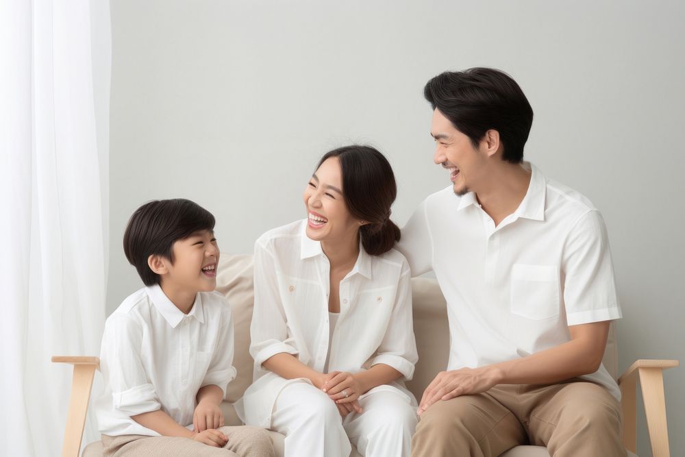 Asian middle age parents and children talking together cheerful family adult.