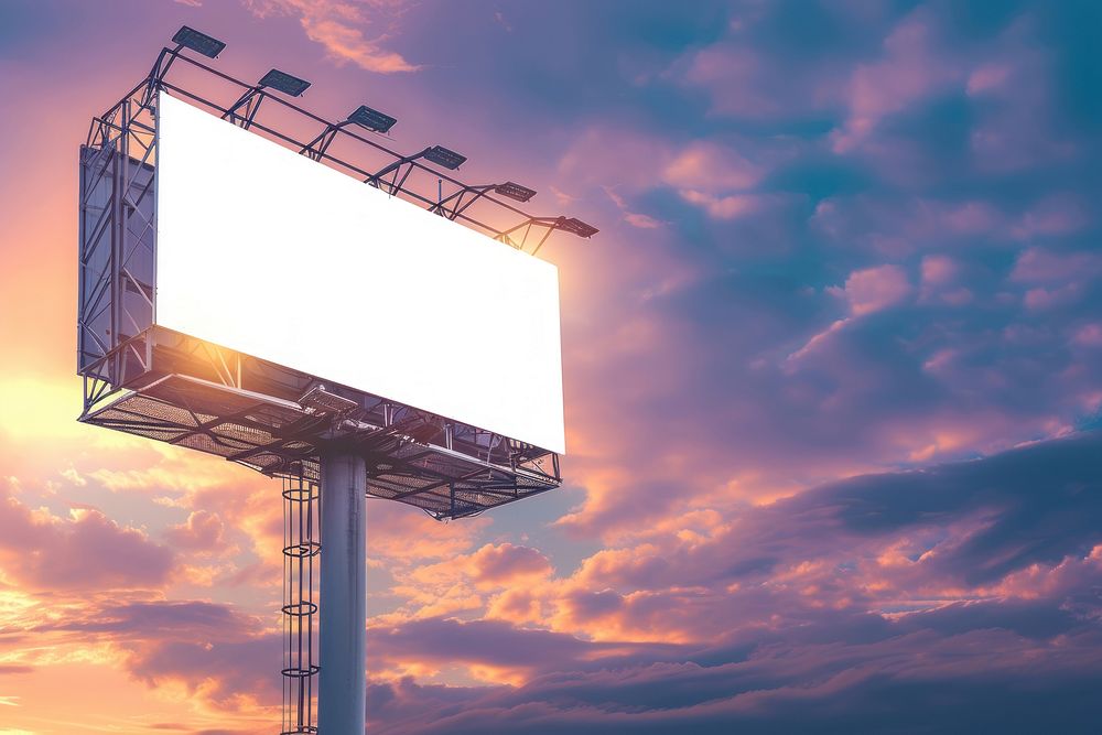 Pylon sign billboard outdoors sunset.