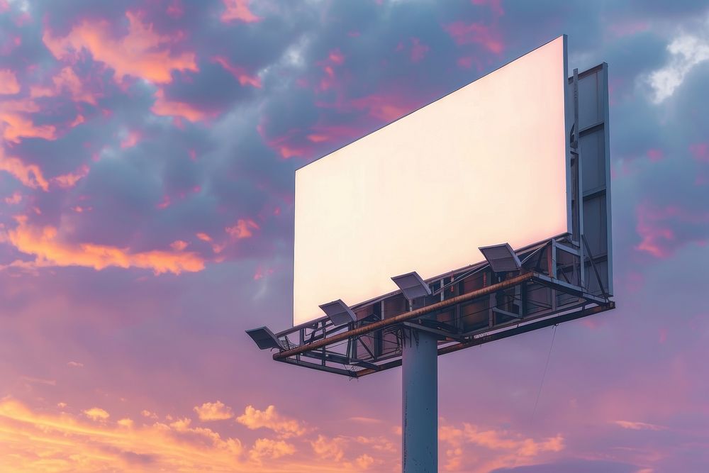 Pylon sign billboard outdoors sunset.