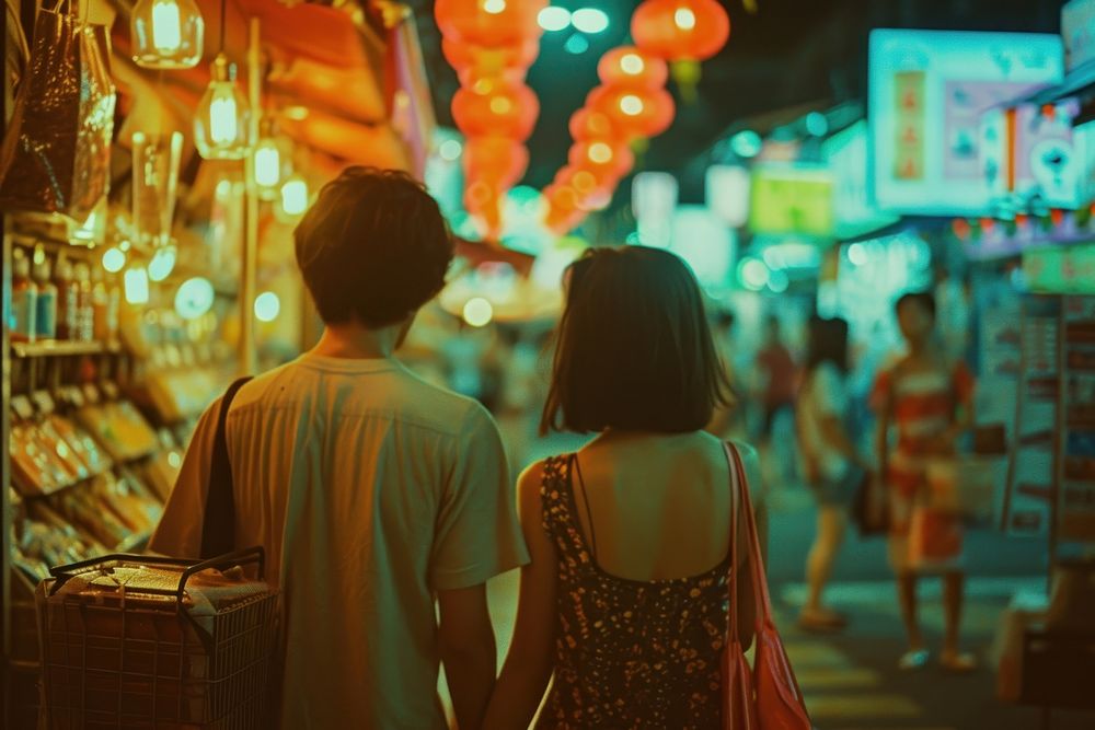 Lover shopping in commercial district street adult city.
