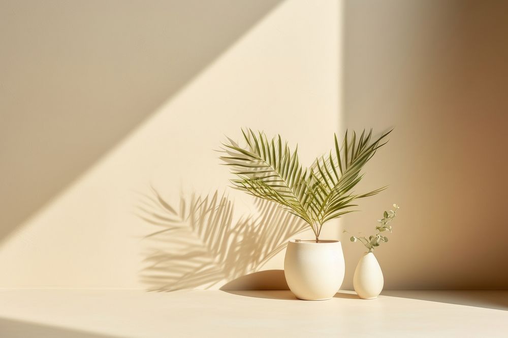 Minimalistic abstract gentle light beige background shadow window plant.