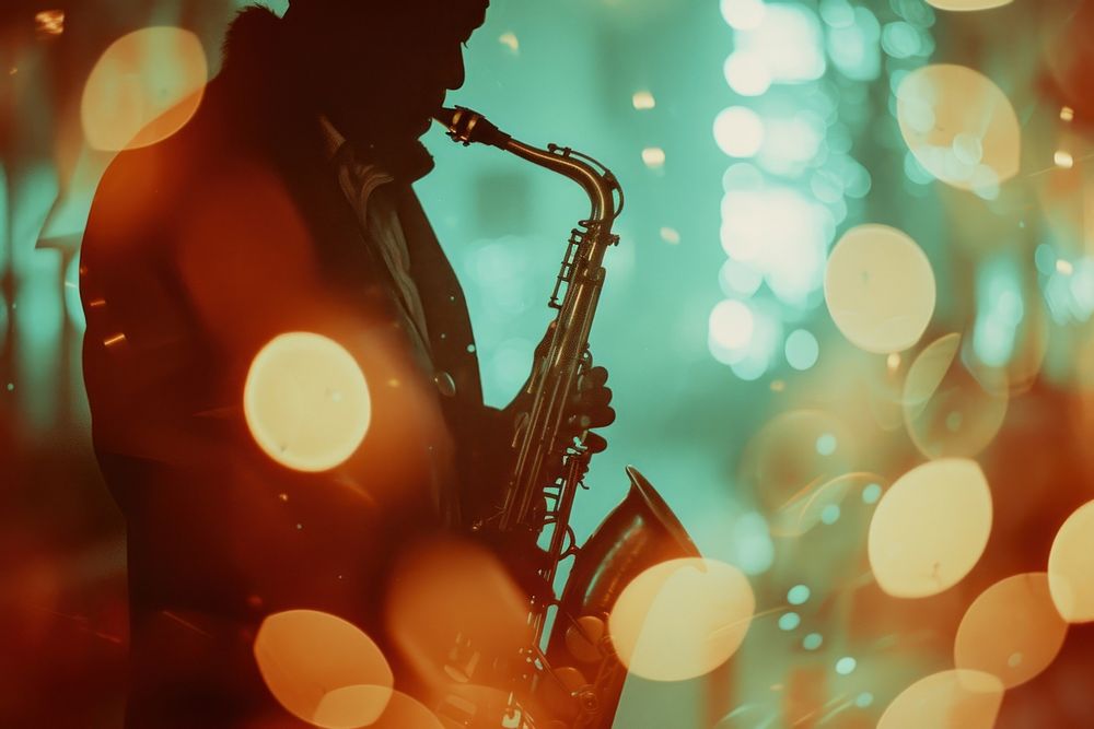 Musician playing saxophone concert illuminated saxophonist.