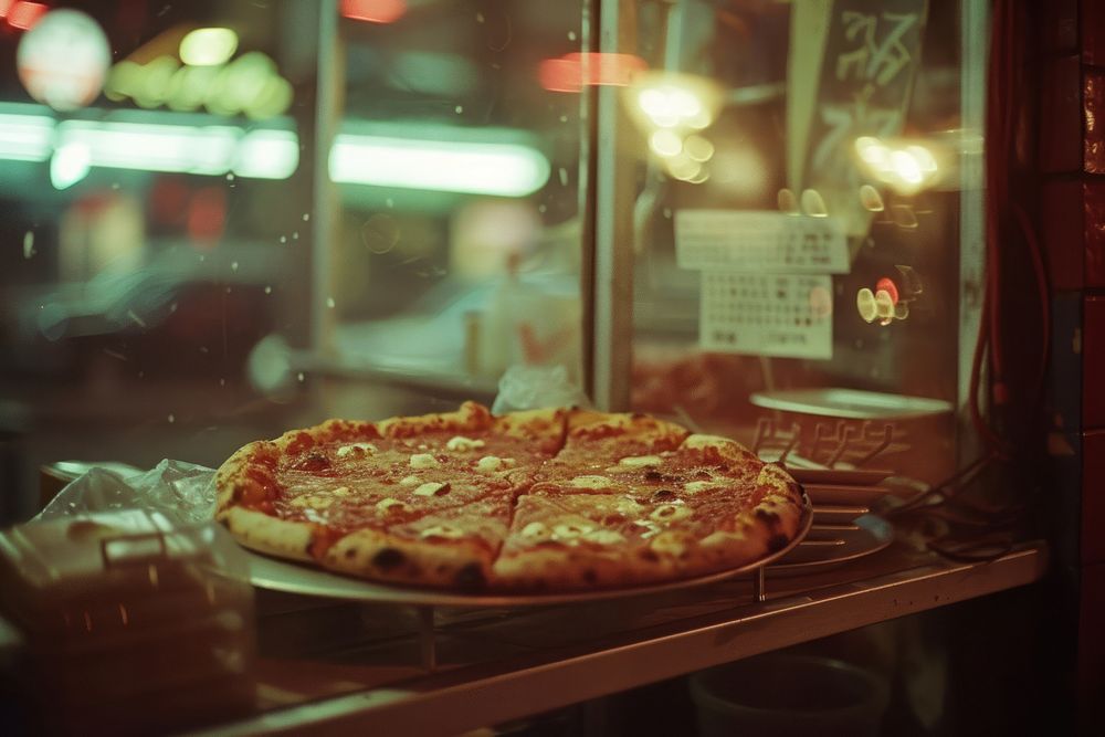 Pizzaria food illuminated restaurant.