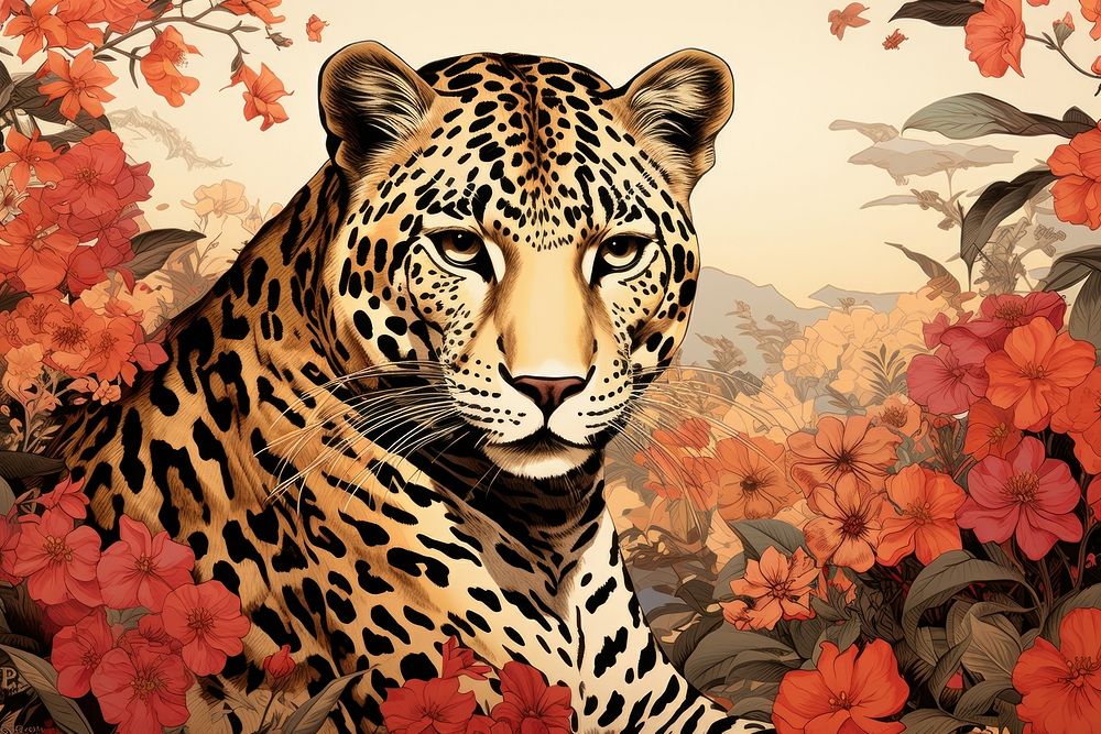 Ukiyo-e art print style of leopard wildlife animal mammal.