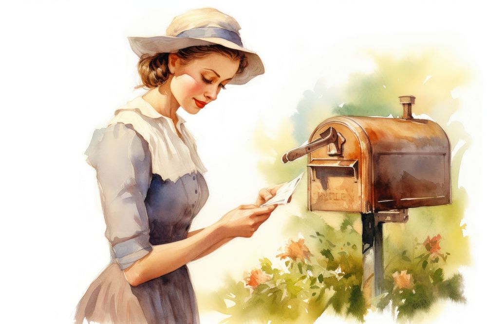 Woman mailing vintage postcard mailbox adult correspondence.
