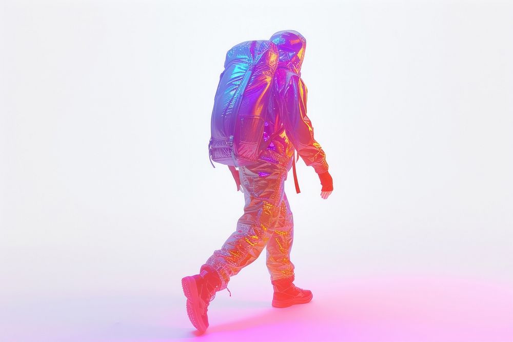 A man backpacker purple white background futuristic.