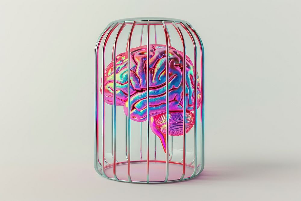 Human brain in a cramped cage glass biochemistry creativity.