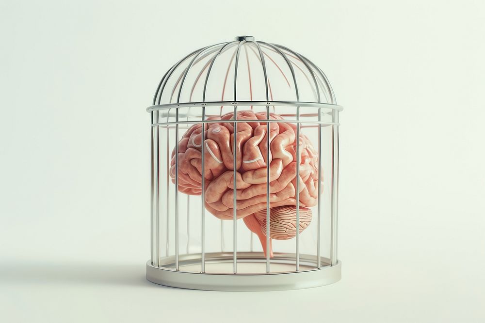Human brain in a cramped cage furniture crib studio shot.