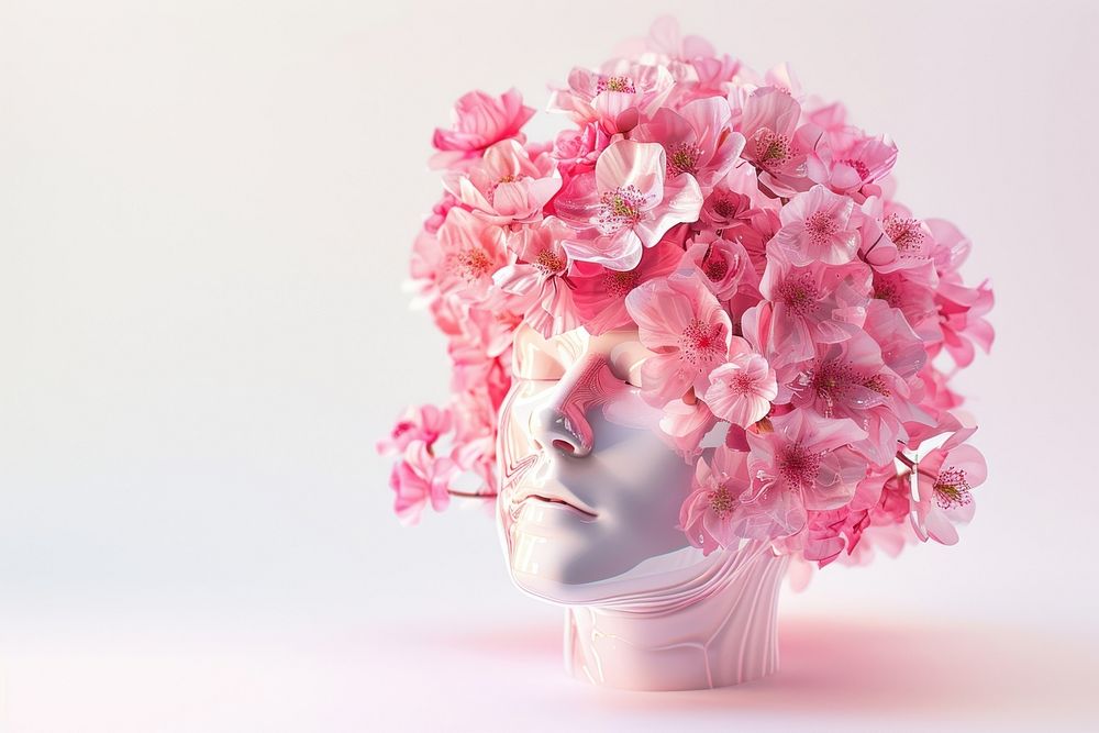 Head sculpture pink flowers bouquet portrait blossom petal.