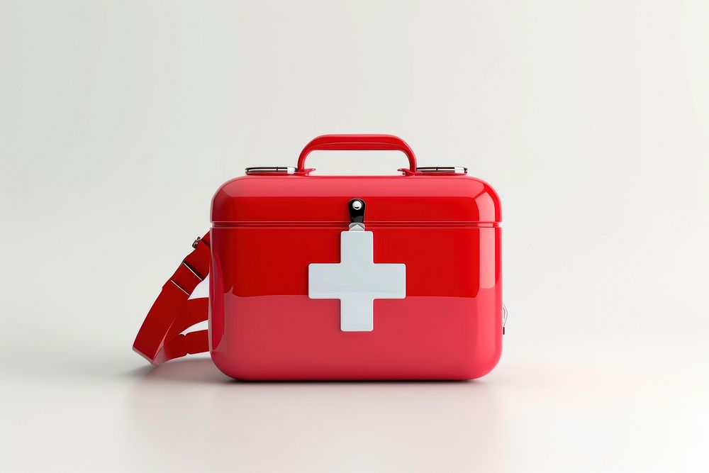 Red first aid kit bag stethoscope furniture.