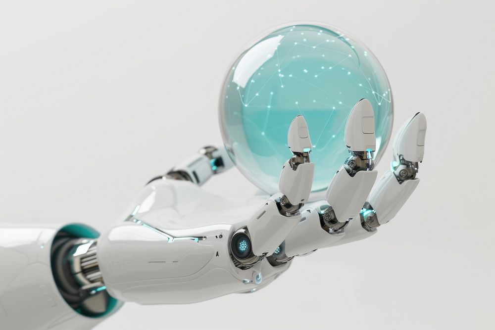 Robot hand holding an artificial intelligence sphere robot transportation technology.