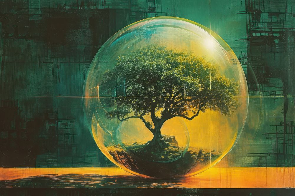 A tree is growing in the glass ball surrounding with digital technology painting sphere bubble.