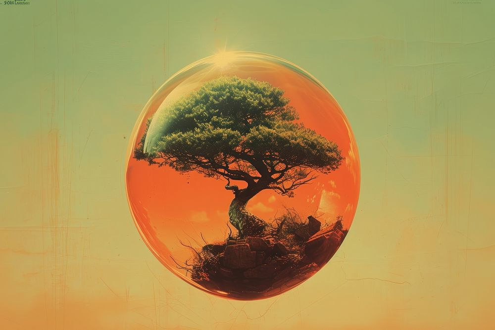 A tree is growing in the glass ball surrounding with digital technology nature plant sky.