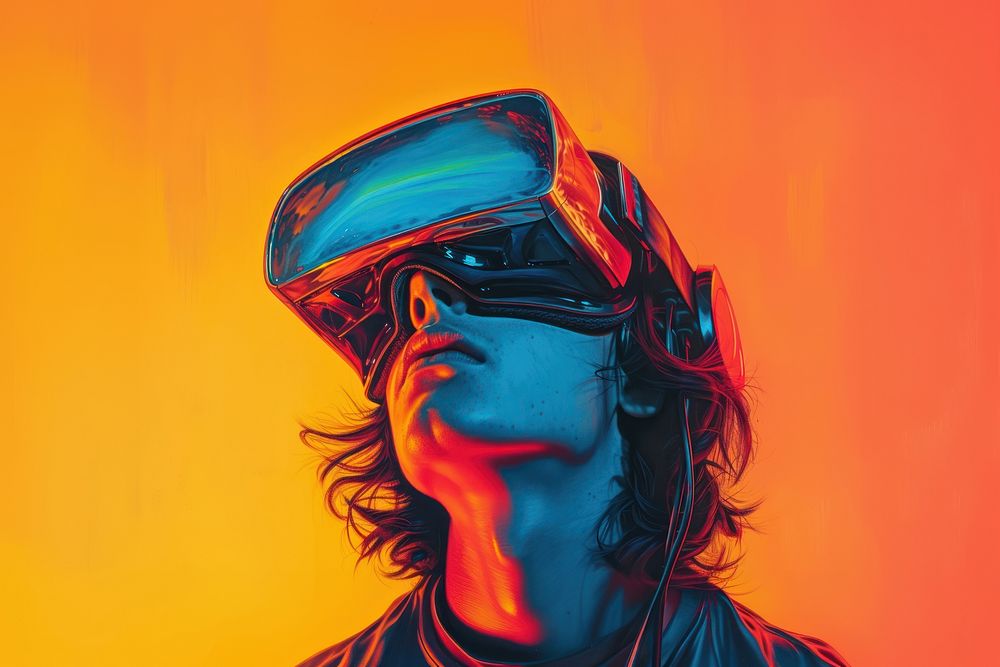 Young man with virtual reality portrait painting adult.