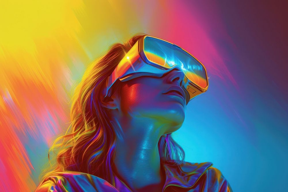 Young woman with virtual reality sunglasses portrait purple.