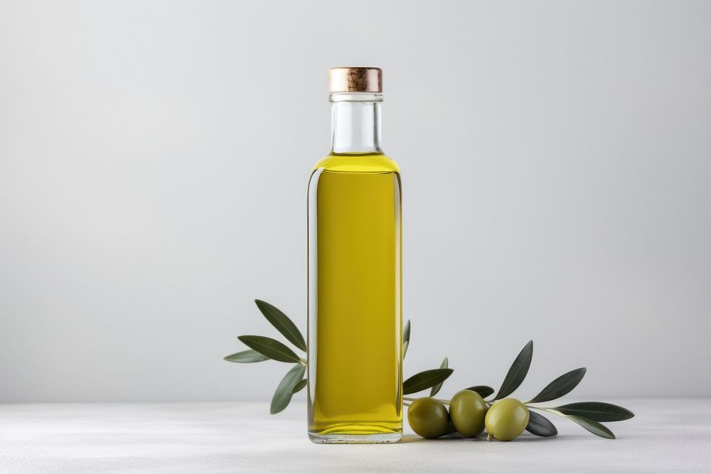 Olive oil bottle packaging label  food refreshment studio shot.