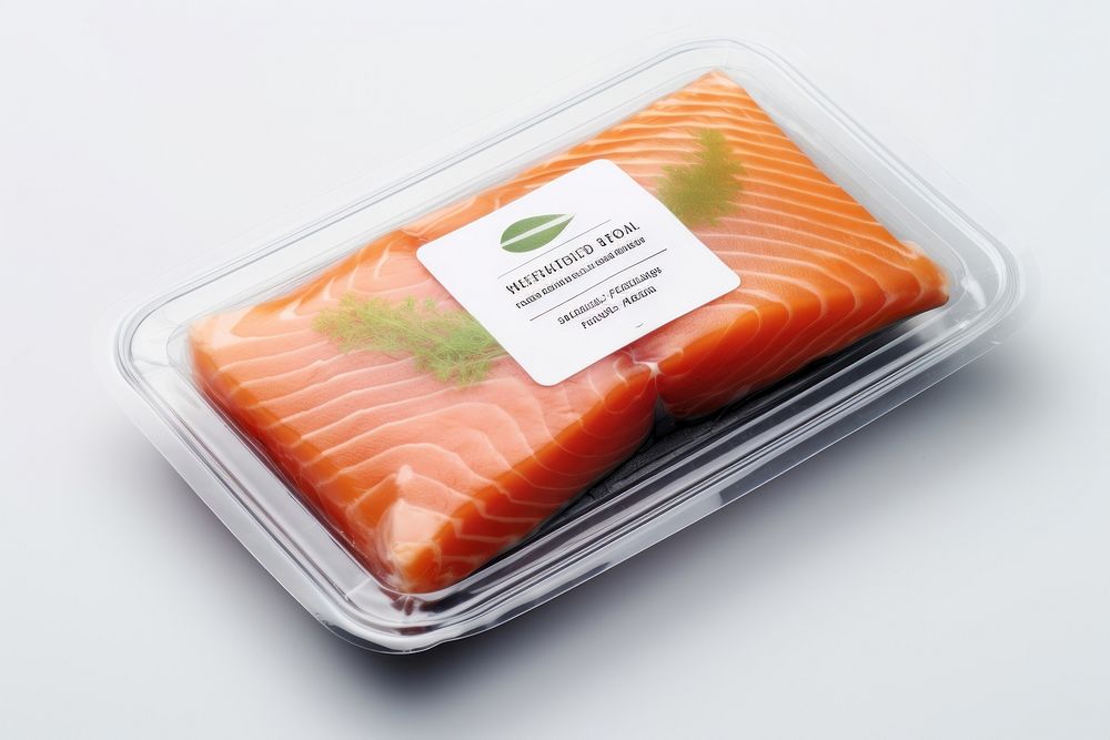 Salmon packaging label  salmon seafood studio shot.