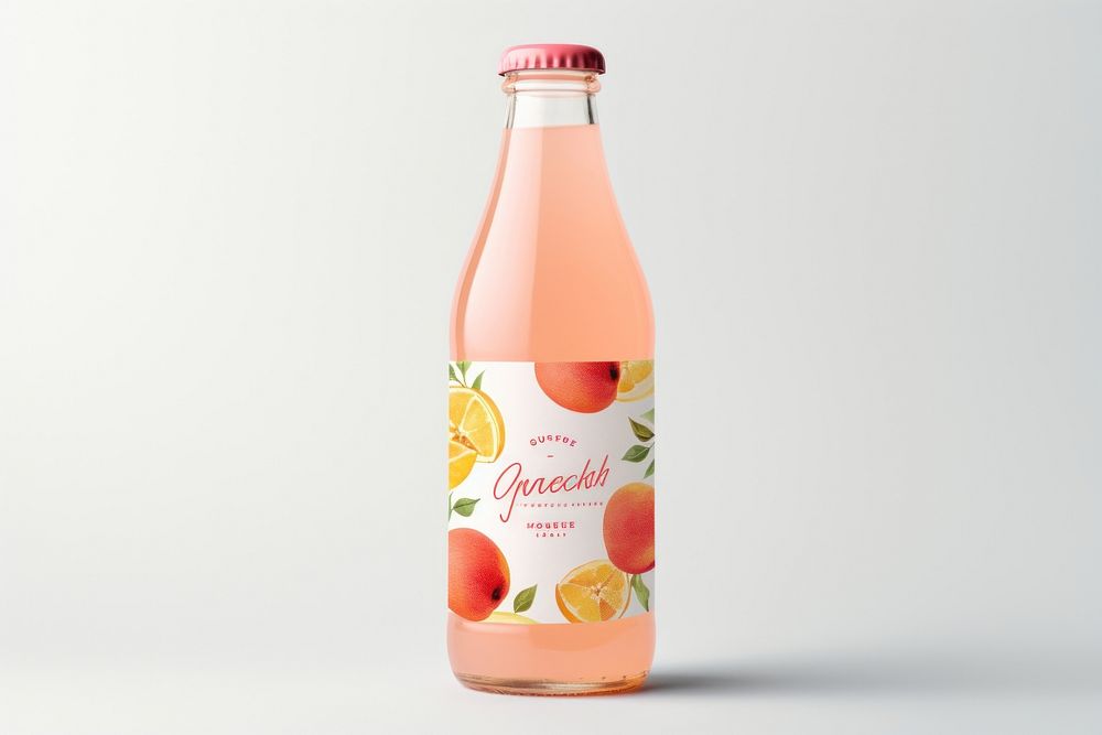 Soda peach bottle packaging label  drink fruit juice.