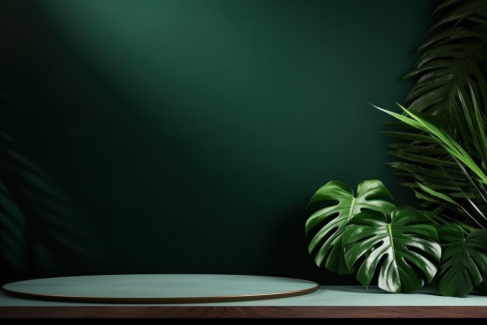 Empty table on dark green texture wall background nature light plant.