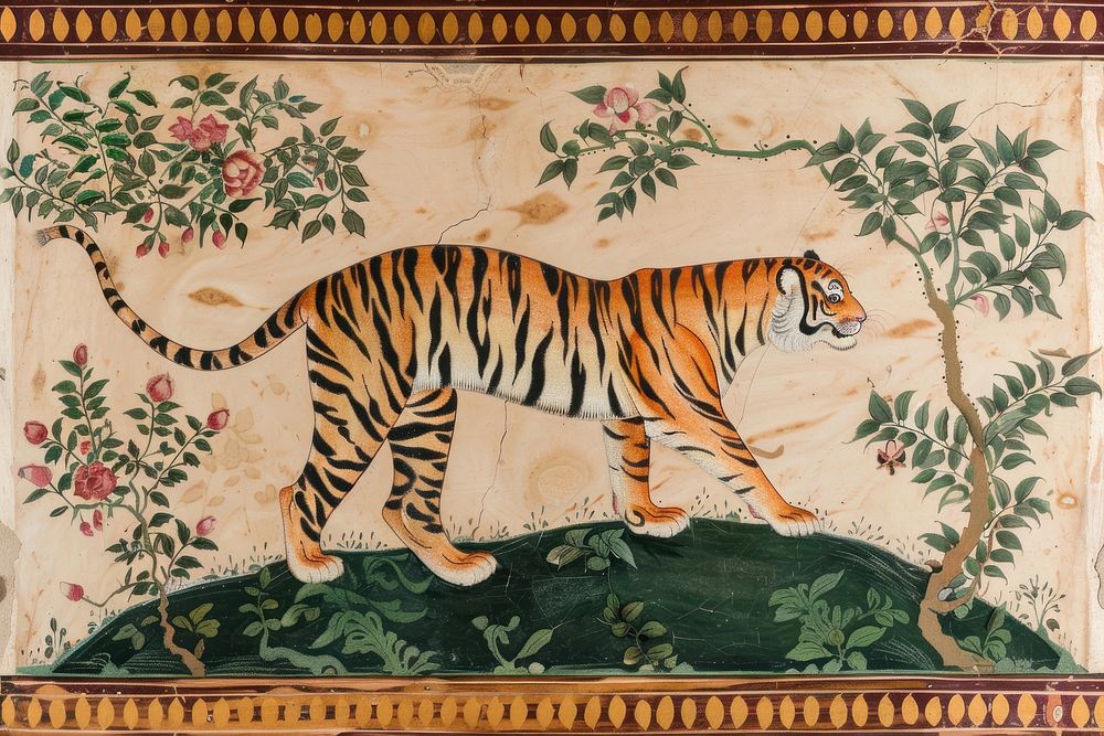Ottoman painting of Bengal tiger tapestry animal mammal.