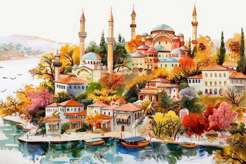 Ottoman painting of Eid architecture building outdoors.