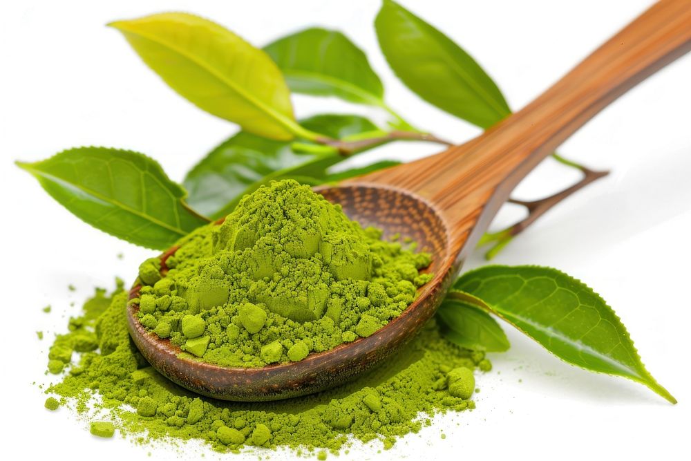Green matcha powder in a wood spoon with tea leaves plant herbs white background.