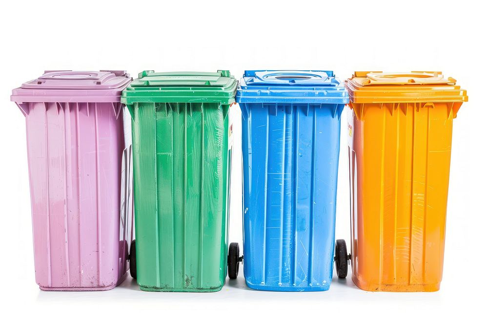 Four colorful recycle bins plastic white background container.