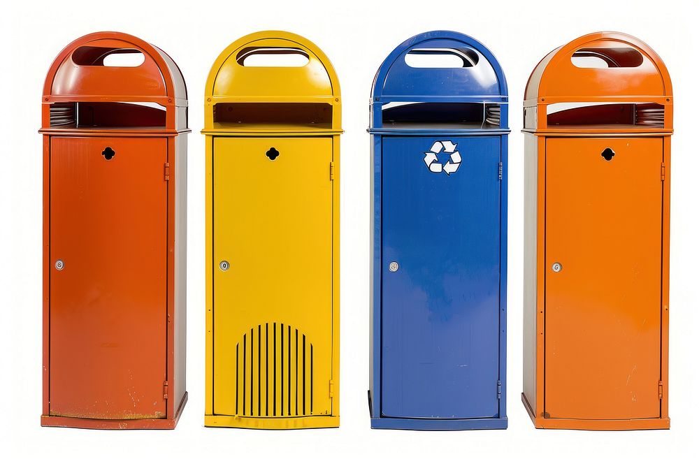 Four colorful recycle bins white background recycling letterbox.