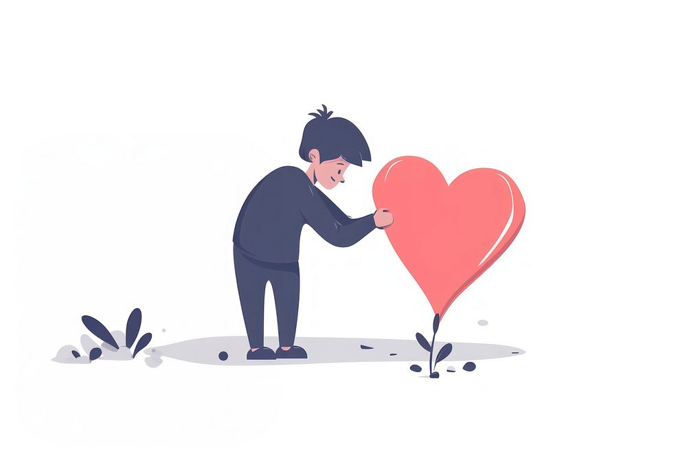 Vector illustration tiny cartoon man whit heart getting assistance in charity adult creativity appliance.