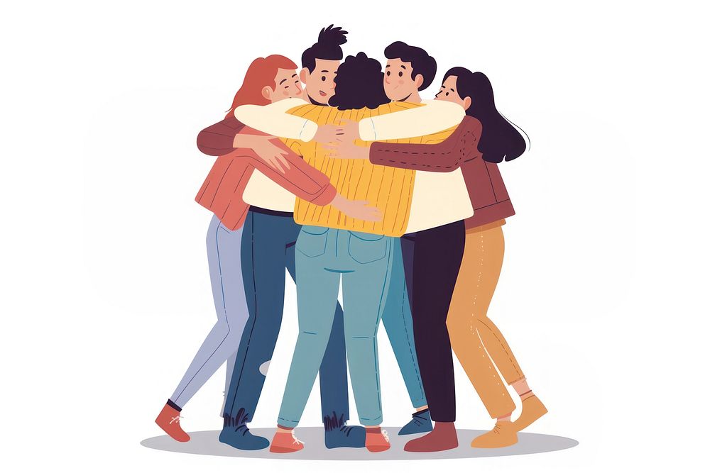 Vector illustration flat youth people hugging together adult togetherness affectionate.