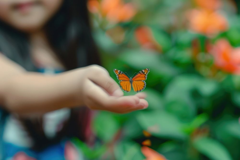 A young girl catching a single butterfly hand insect animal.