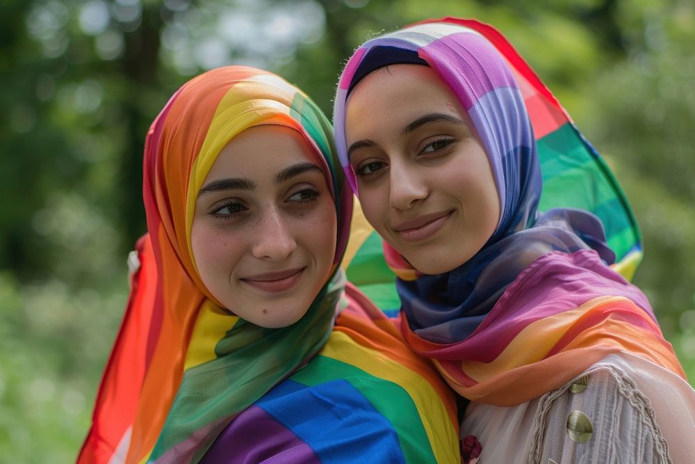 Two muslim women portrait pride scarf.