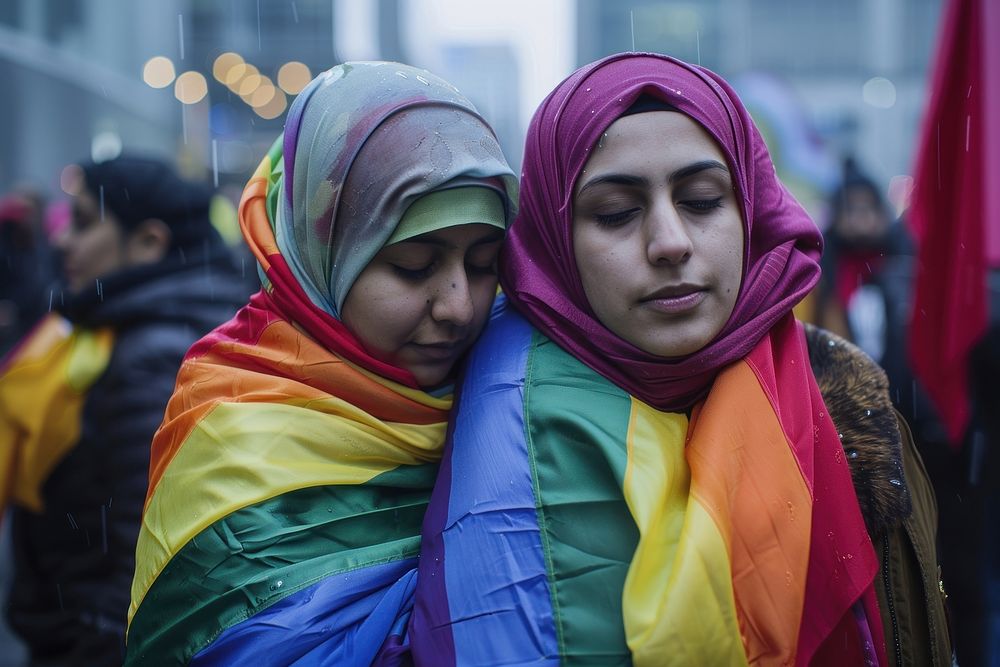 Two muslim women adult scarf flag.