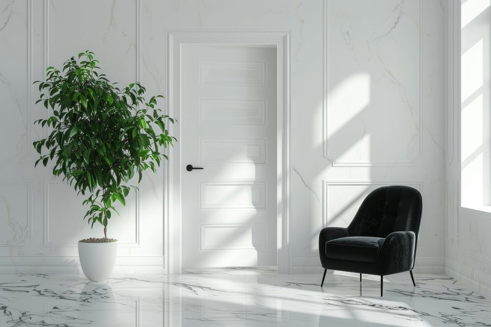White modern room with open white swing door furniture chair floor.