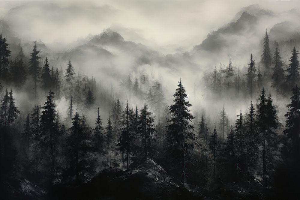 Trees in a foggy forest land landscape mountain.