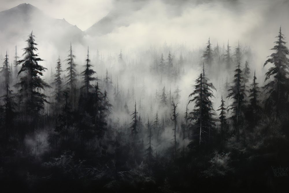 Trees in a foggy forest land backgrounds landscape.