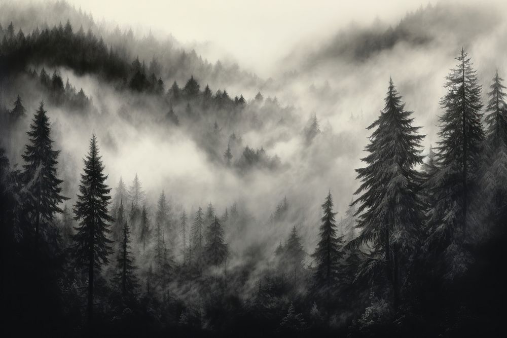 Trees in a foggy forest land backgrounds landscape.