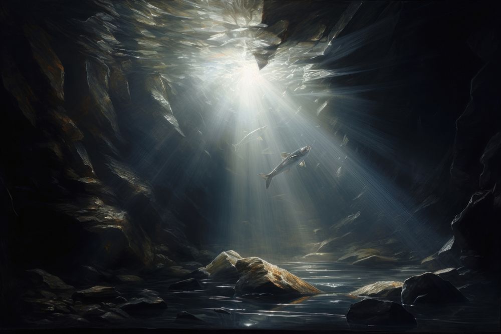 Fish swimming inside a cave light sunlight nature.