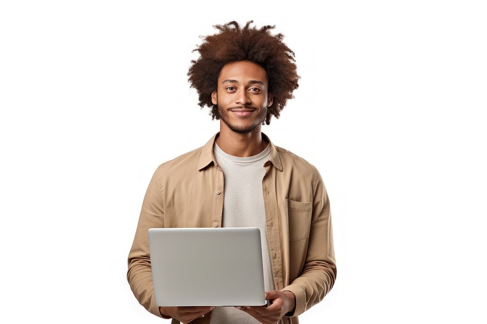 African American startup man laptop computer portrait.