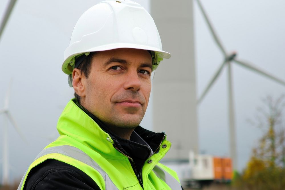 Male engineer wearing hard hat standing turbine working.