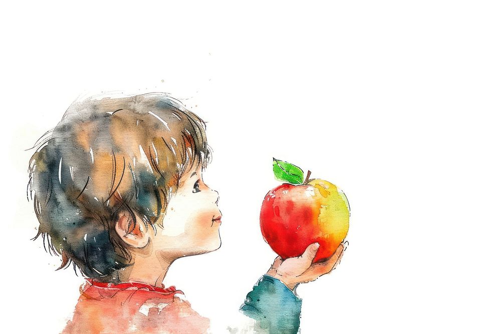 Boy with an apple painting portrait fruit.