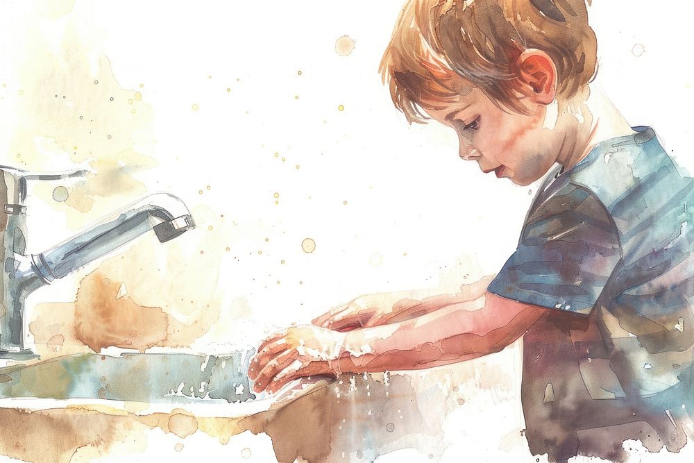 A kid washing hands sink creativity housework.