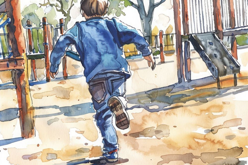 Boy running playground painting outdoors.