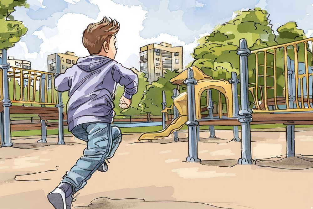 Boy running playground outdoors architecture.
