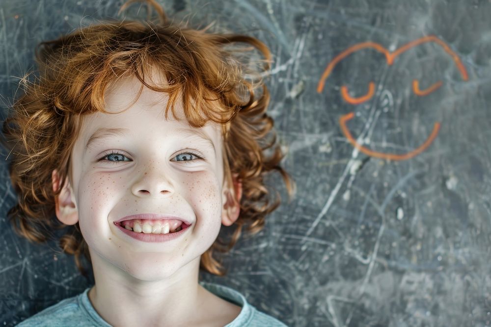 Boy happy face blackboard portrait smile.