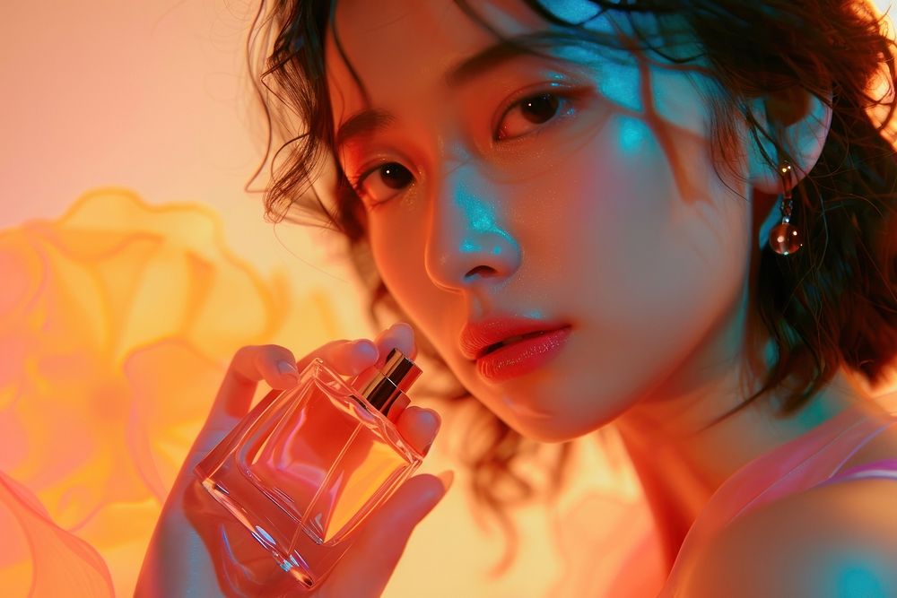 Woman spraying perfumes face studio shot cosmetics.