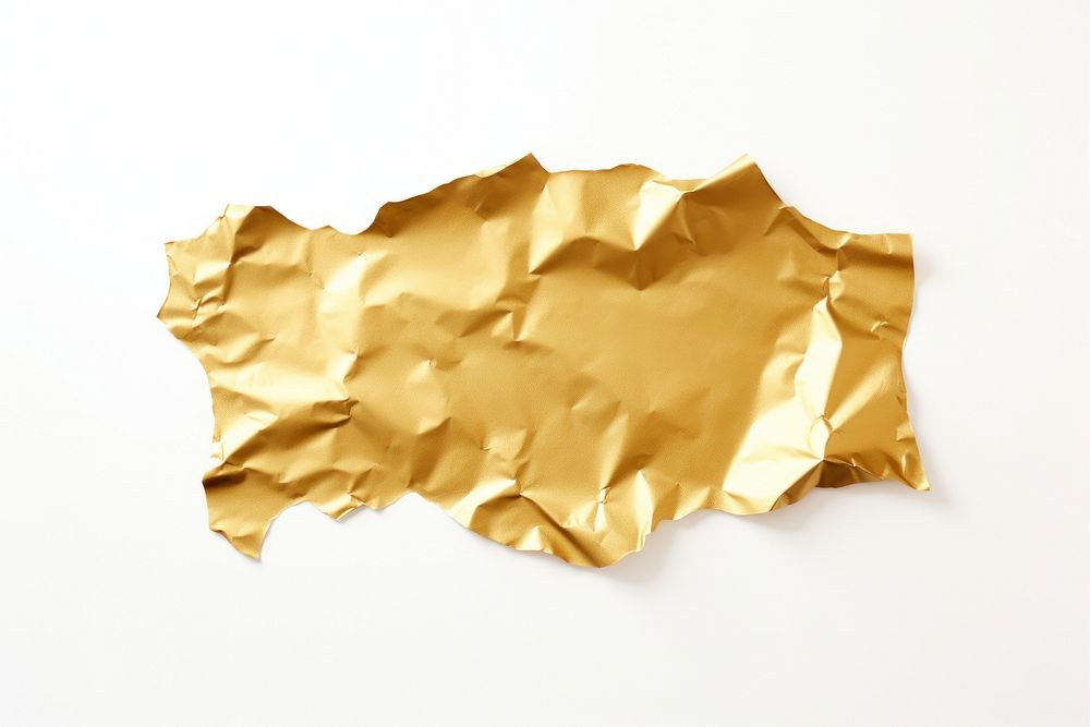 Gold color paper with ripped white background aluminium crumpled.